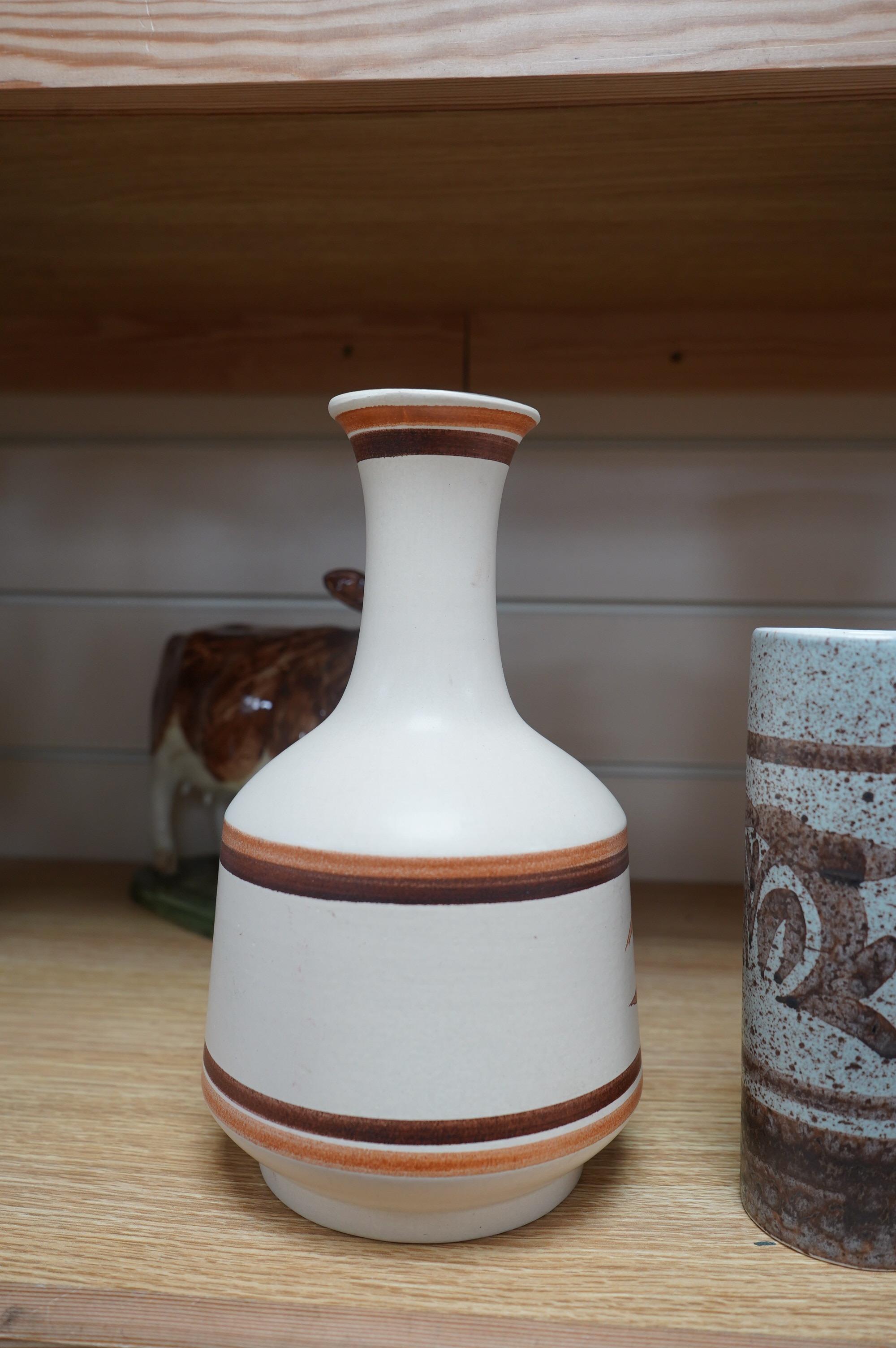 David Sharp, an Ayrshire cow produced for Bayer, and three Cinque Ports Rye vases and a carafe, largest 28cm high. Condition - good